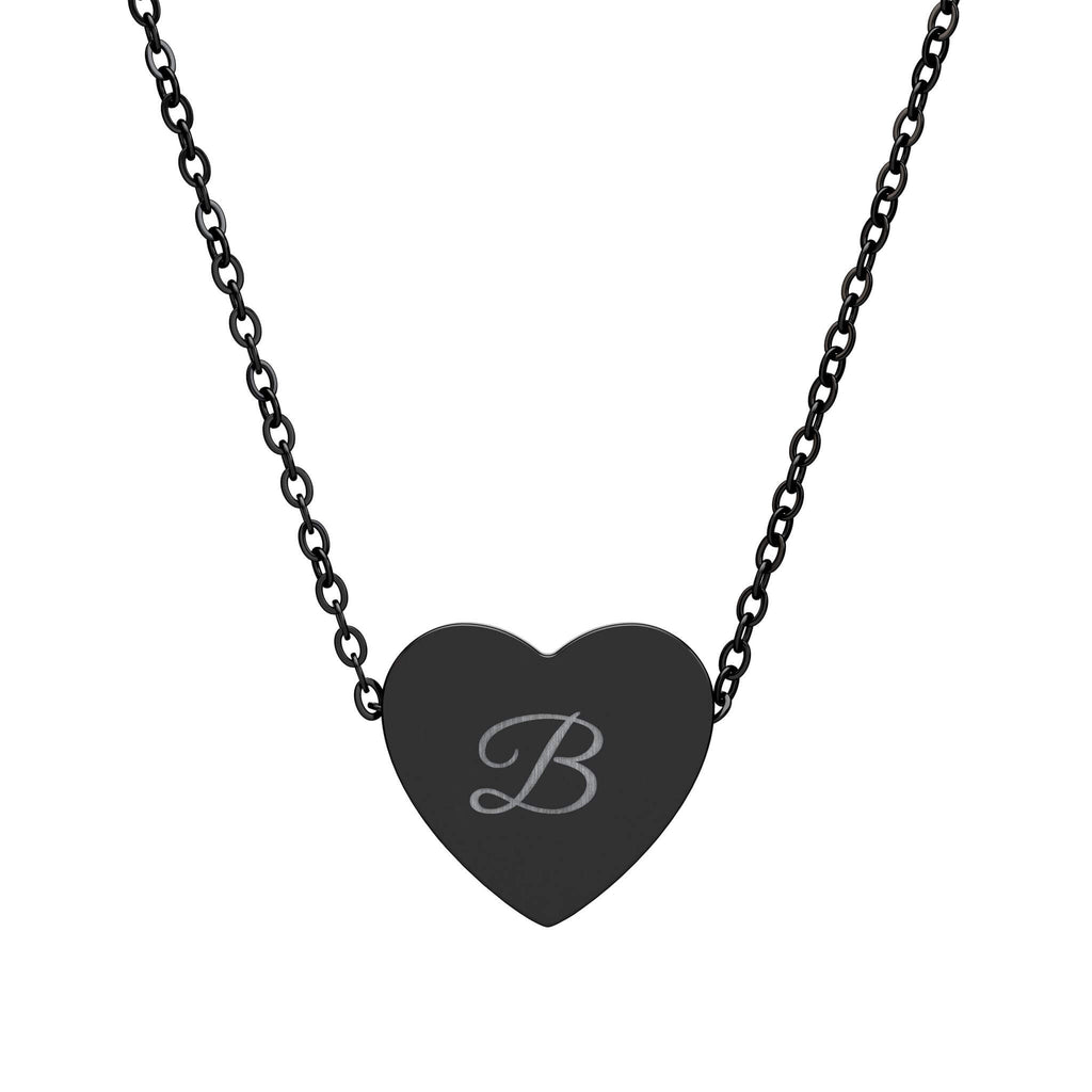 Black heart-shaped pendant with a letter 'B' on a chain against a white background