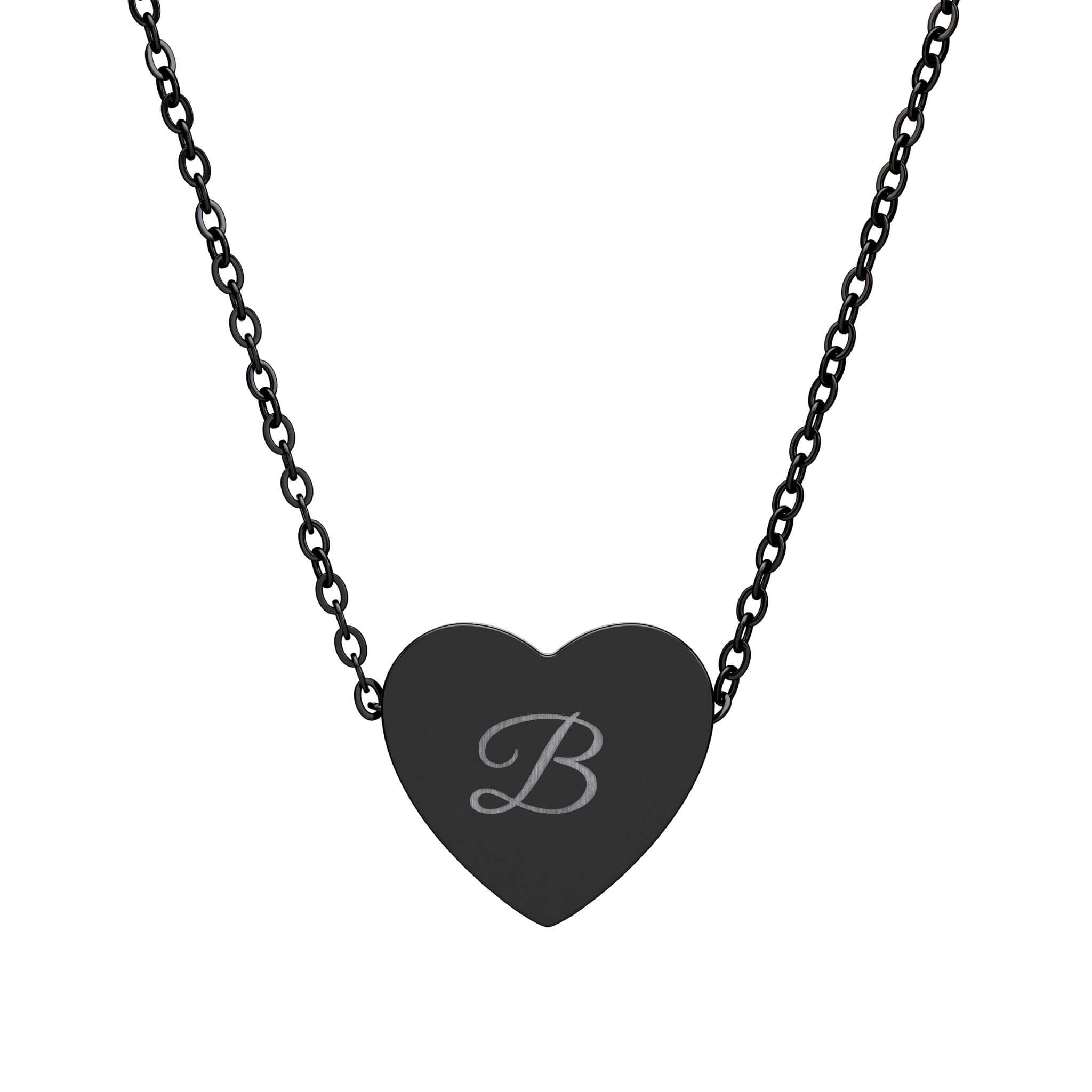 Black heart-shaped pendant with a letter 'B' on a chain against a white background
