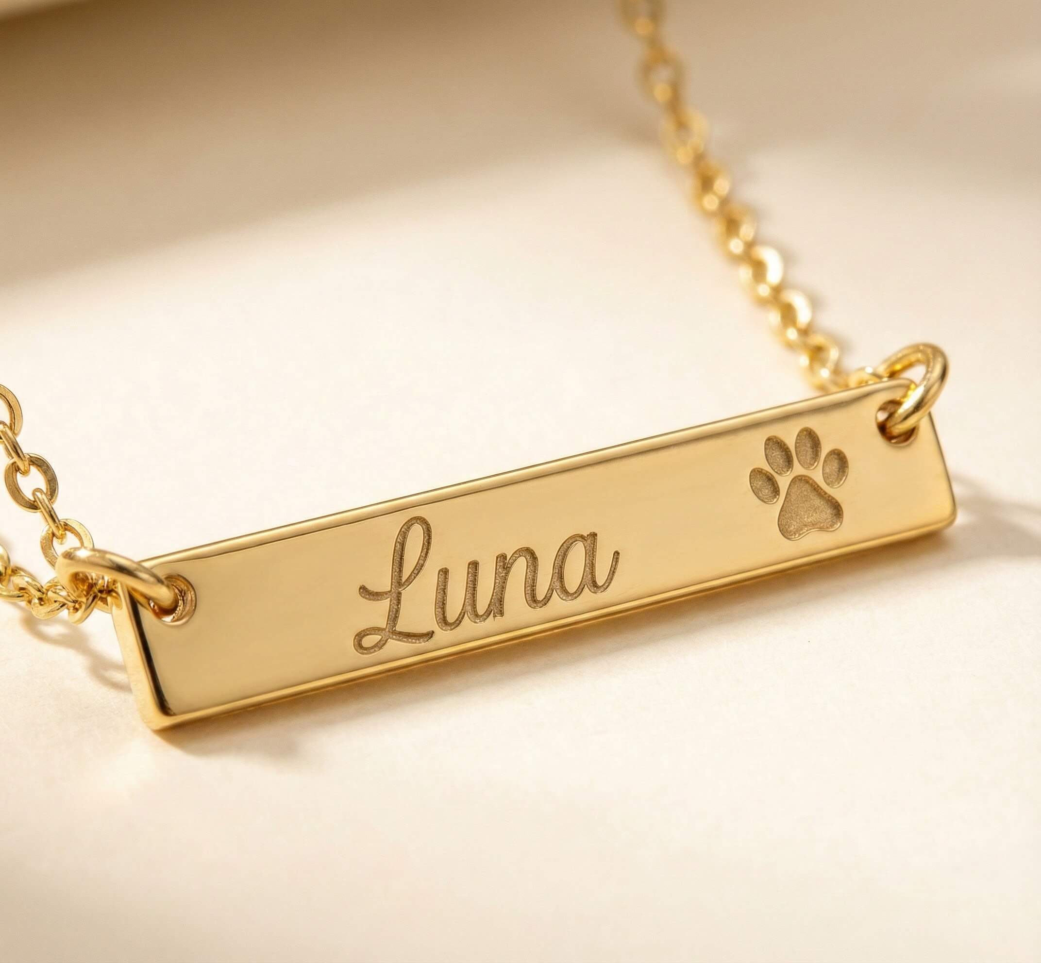 Gold necklace with a bar pendant engraved with 'Luna' and a paw print on a beige background