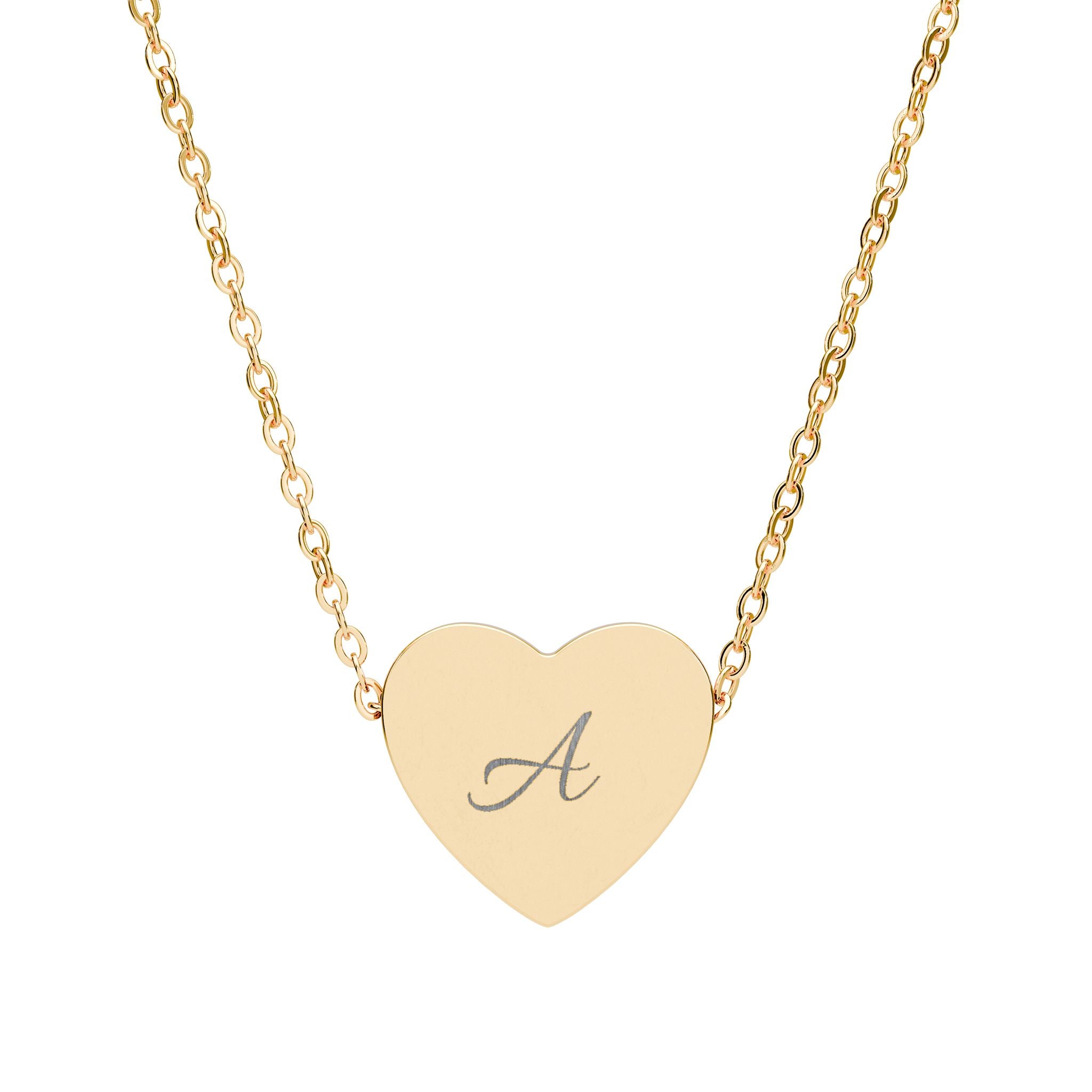 Gold heart-shaped necklace with engraved letter 'A' on a white background