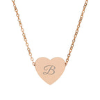 Rose gold heart-shaped necklace with a engraved letter 'B' on a white background