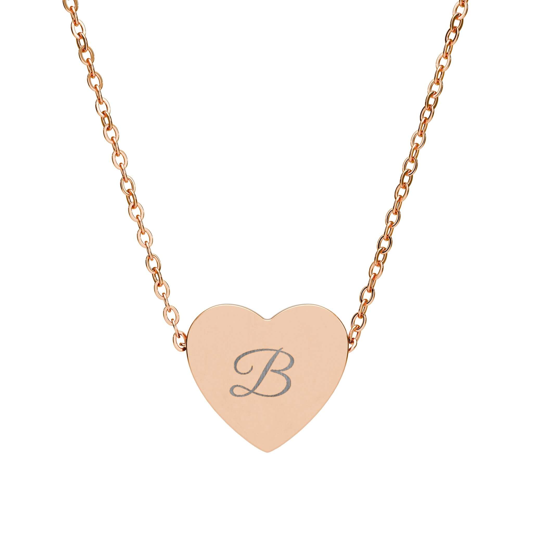 Rose gold heart-shaped necklace with a engraved letter 'B' on a white background
