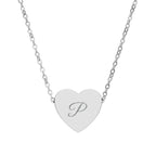 Silver heart-shaped necklace with a engraved letter 'P' on a white background