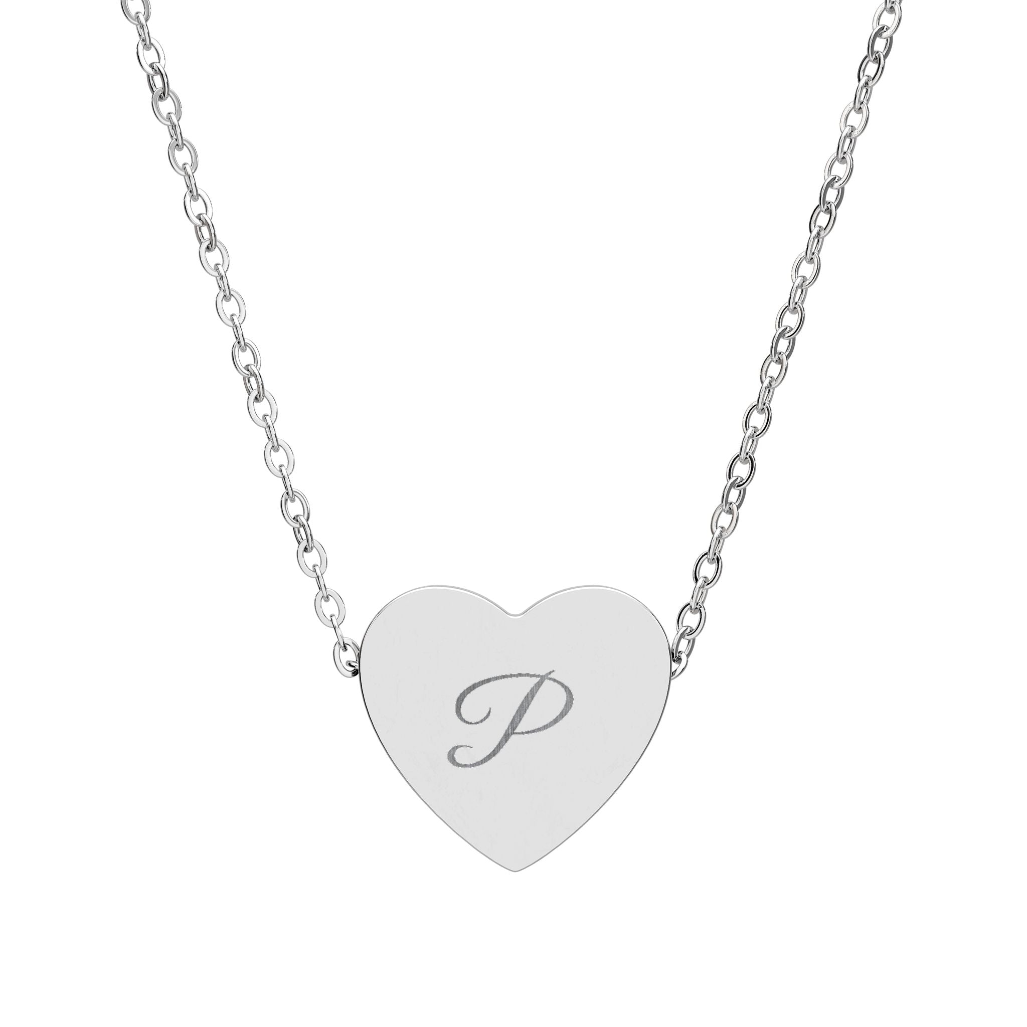 Silver heart-shaped necklace with a engraved letter 'P' on a white background