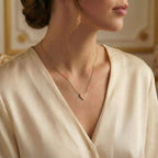 Close-up of a woman wearing a gold necklace with a heart pendant, set against a neutral background.