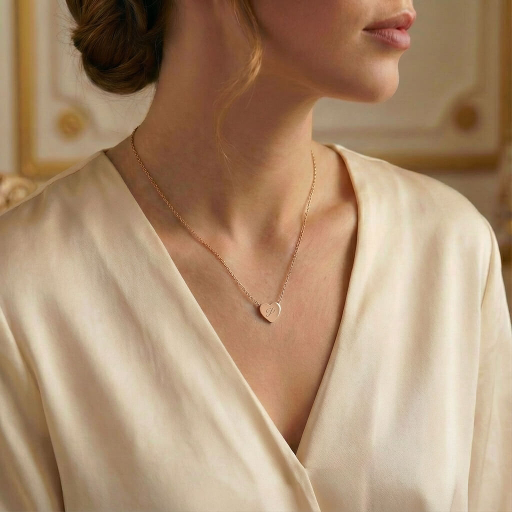 Close-up of a woman wearing a gold necklace with a heart pendant, set against a neutral background.