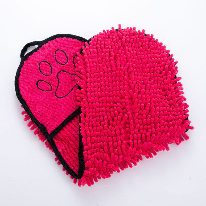 Rose red heart-shaped chenille cleaning pad with a paw design on a white background
