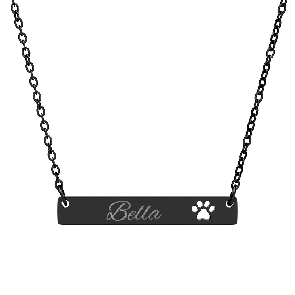 Black bar necklace with 'Bella' and a paw print on a white background