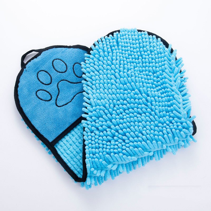 Blue microfiber cleaning mitt with paw print design on a white background