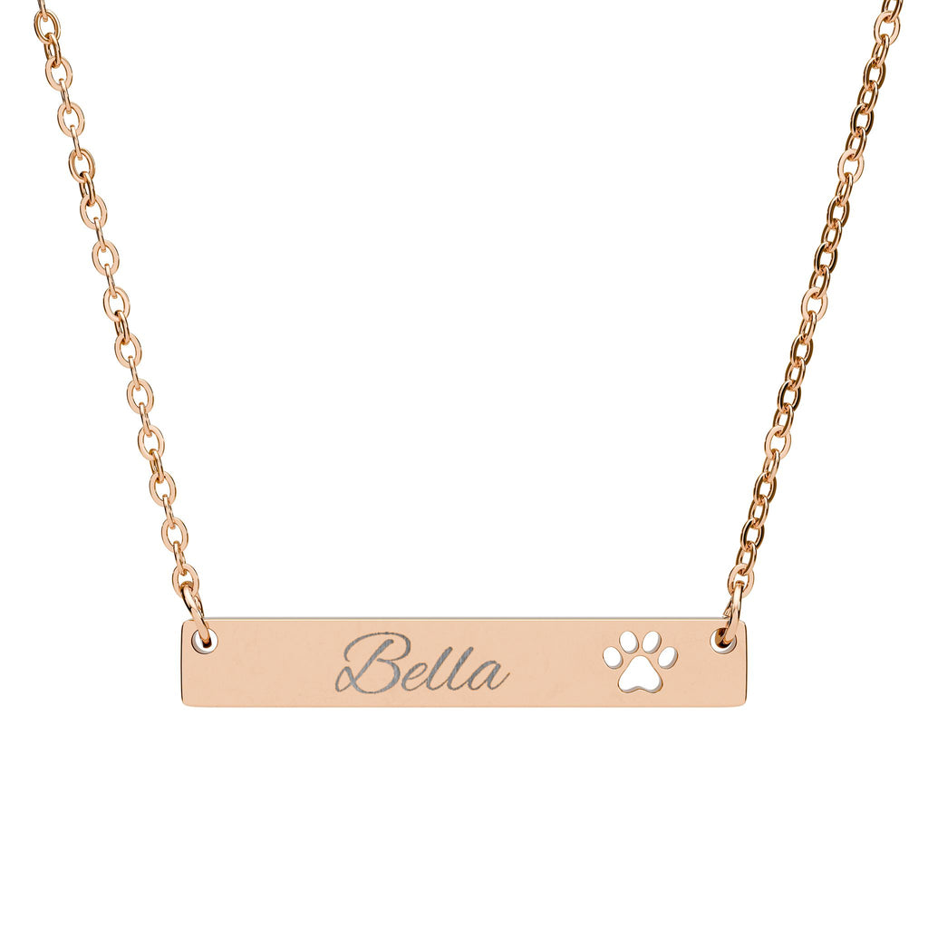 Rose gold necklace with 'Bella' and paw print on a white background